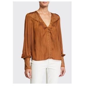 Ramy Brook Justin Embroidered Bishop-Sleeve—Top NWT